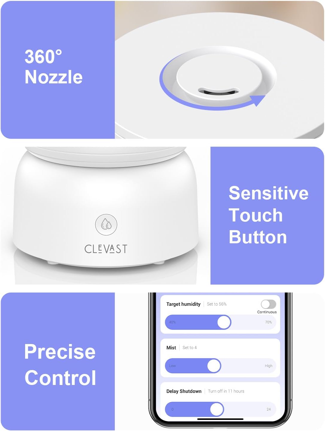 CLEVAST Smart Humidifiers for Bedroom