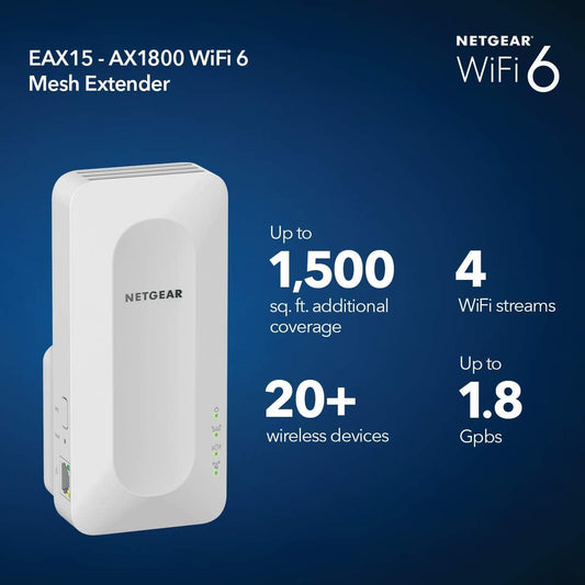 NETGEAR EAX15-100NAR AX1800 Dual-band WiFi 6 Mesh Extender Wall Plug