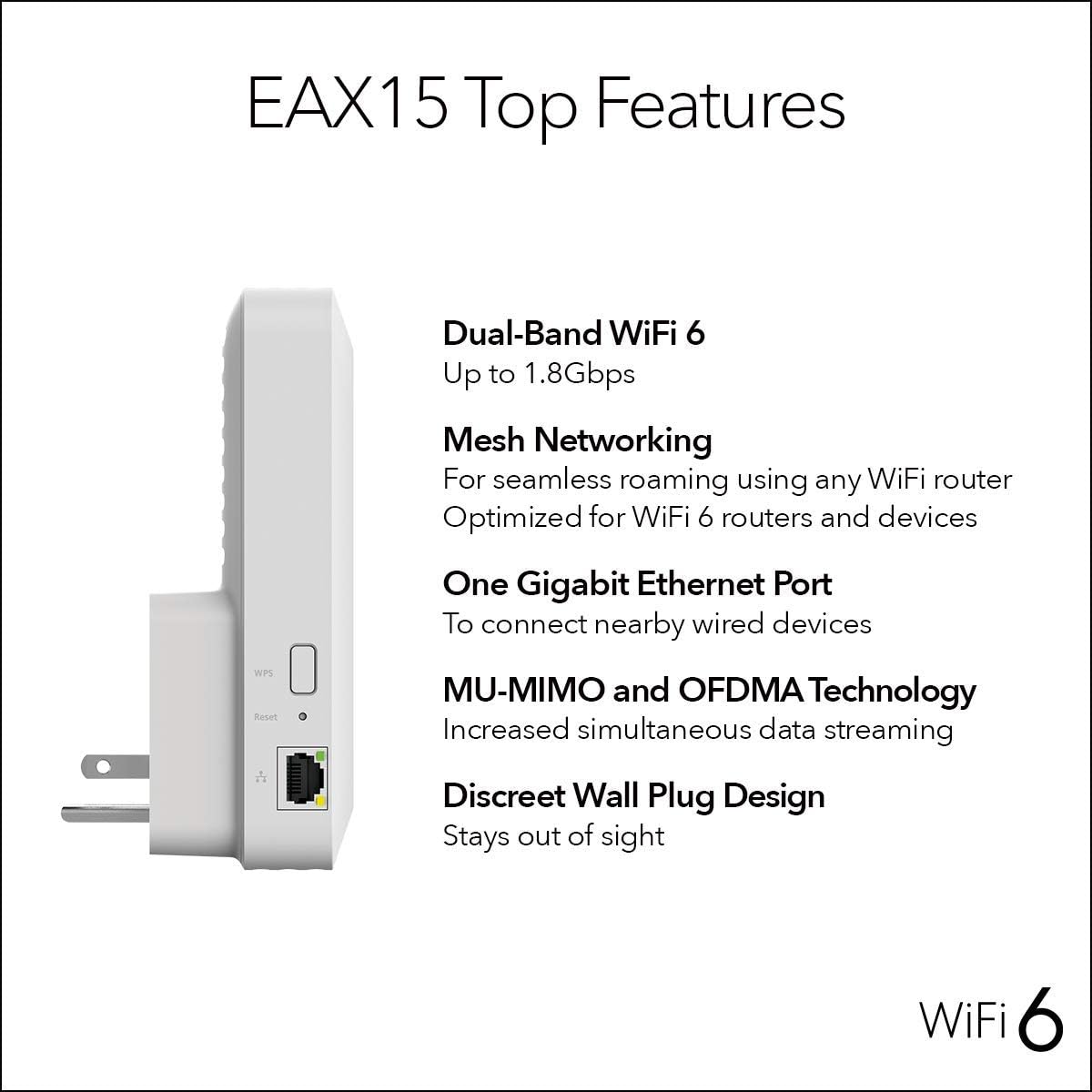 NETGEAR EAX15-100NAR AX1800 Dual-band WiFi 6 Mesh Extender Wall Plug